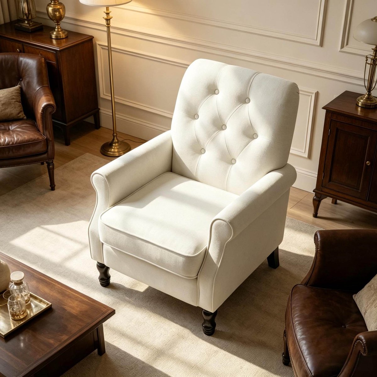 DESMIU Fauteuil - 1-Zits Met Dik Zitkussen En Knopen - Voor Woonkamer En Leeshoek - Stoffen Bekleding - 69x75x90 Cm - Crème