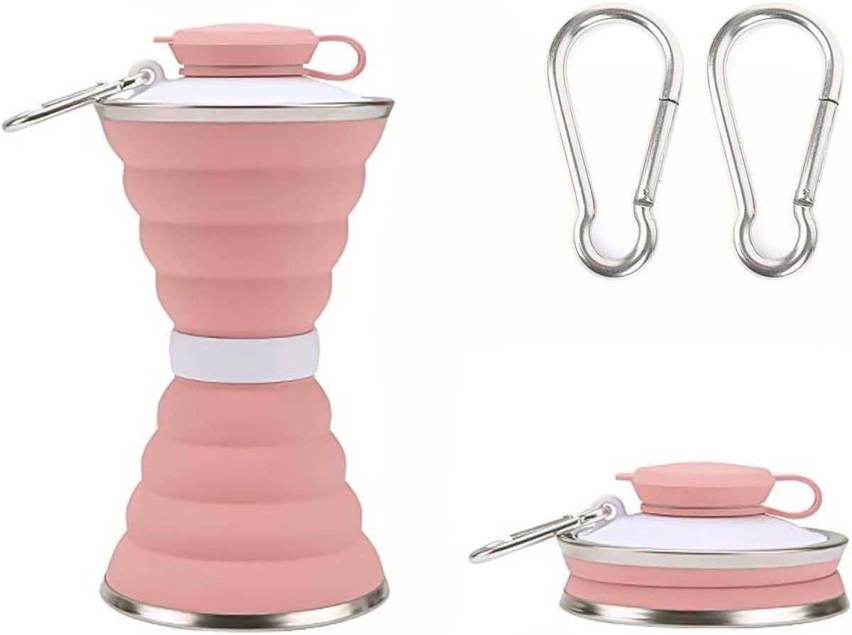 1 roze opvouwbare waterbeker en 2 karabijnhaken, 500 ml opvouwbare siliconen waterbeker, draagbare waterbeker met karabijnhaak, geschikt voor outdoor-activiteiten, reizen, sport