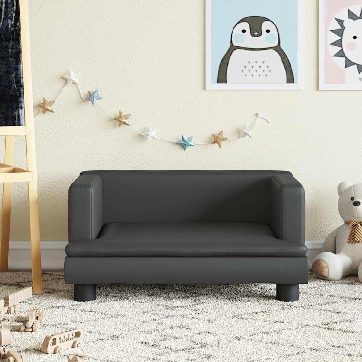 Kinderbank, zwart, 60 x 40 x 30 cm, kunstleer, kinderbank, mini-sofa, leesbank voor kinderkamer, speelkamer, logeerkamer, slaapkamer, 3196324