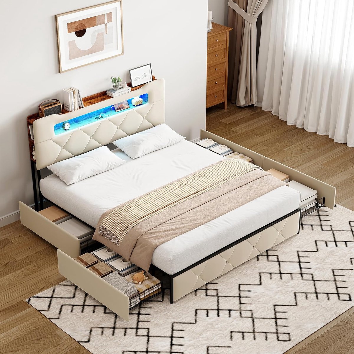 Bed, 140 x 190, dubbel bedframe met 4 laden, modern bed met lattenbodem, jeugdbed, bedframe voor slaapkamer, zonder matras, linnen, beige