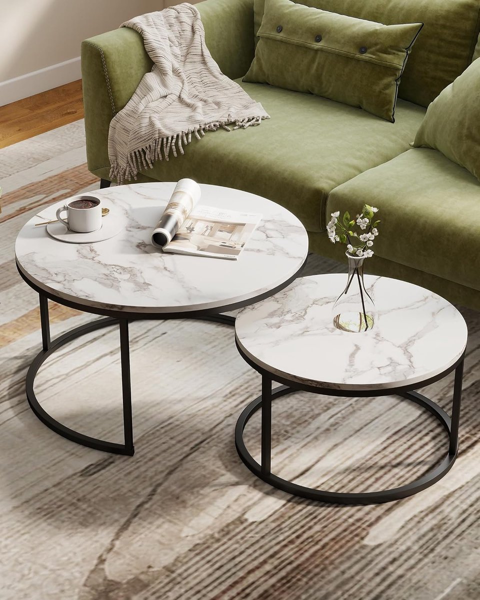 Salontafel, wit, set van 2, 80 + 60 cm, salontafel, marmerlook, MDF, bijzettafels, ronde tafel, woonkamer, modern, metalen frame, zwart, waterafstotend, wit en zwart