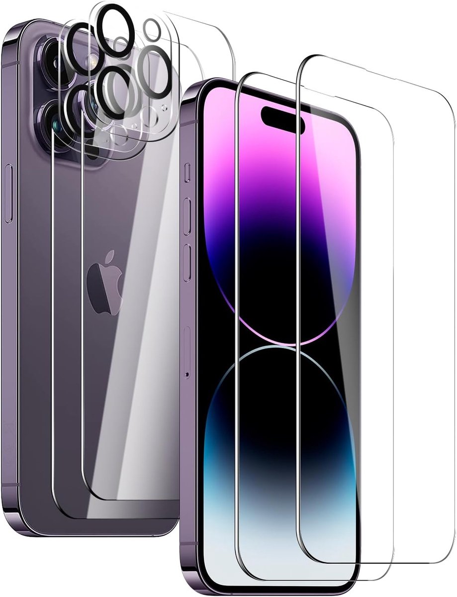 Glas Schermbeschermer Transparant voor iPhone 14 Pro, Set van 2 Schermfolie + 2 Lensbeschermers + 2 Achterfolie, Krasbestendig HD Helder