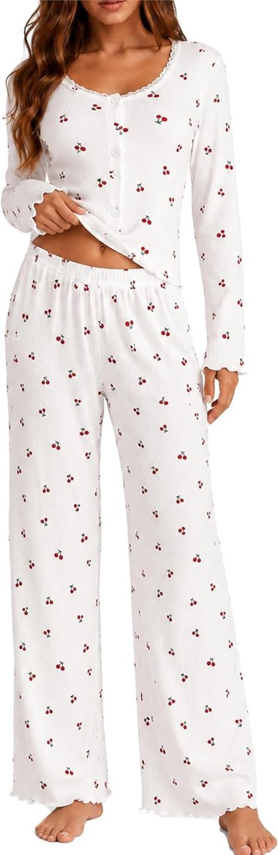 Damespyjama met lange mouwen, zachte top en broek met knopen
