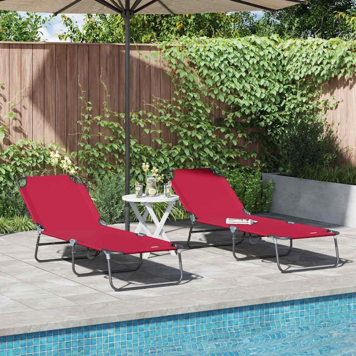 Zonnebed, 2 stuks, rood, 188 x 57 x 86,5 cm, polyester, opvouwbaar, met verstelbare rugleuning en duurzaam stalen frame, voor tuin, terras, balkon, outdoor, relax