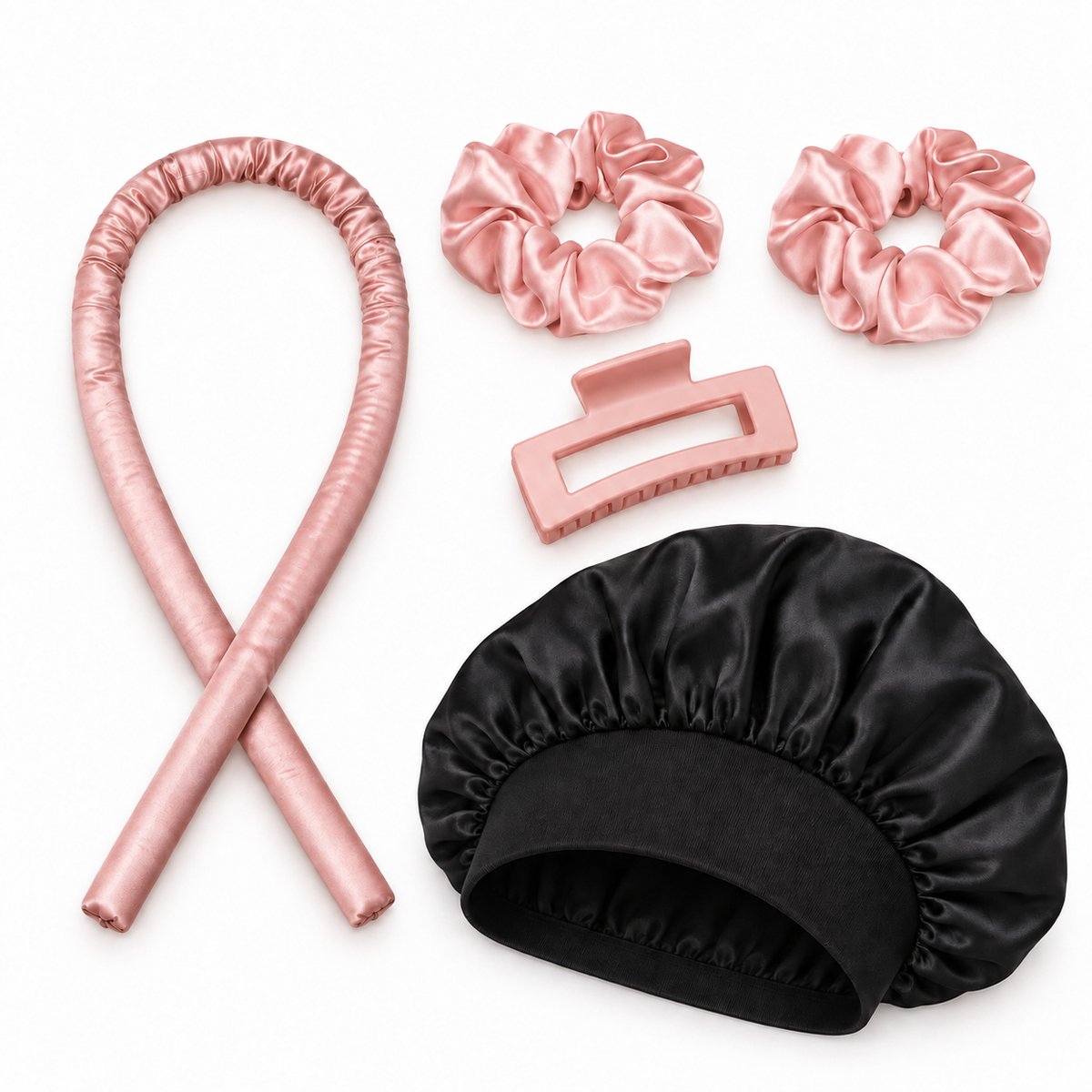 Professor Q Heatless Curls Set - Krullint met 2 Elastiekjes en Haarklem - Satijnen Bonnet Zwart