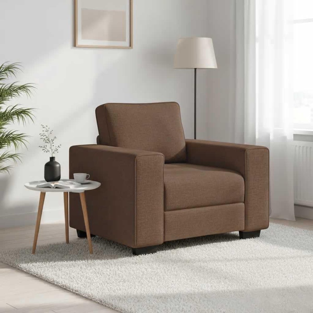 Bruin 60 cm stoffen gestoffeerde stoel met brede armleuningen en robuust houten metalen frame voor woonkamer kantoor gezellig lezen televisie ontspannen