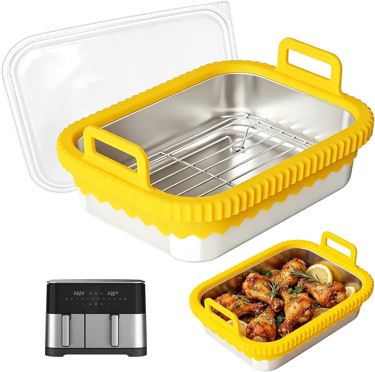 Airfryer, roestvrij stalen bakvorm met deksel en rooster, heteluchtfriteuse accessoires voor Ninja AF400EU AF500EU SL400EU COSORI, hittebestendig, BPA-vrij, vaatwasmachinebestendig, geel