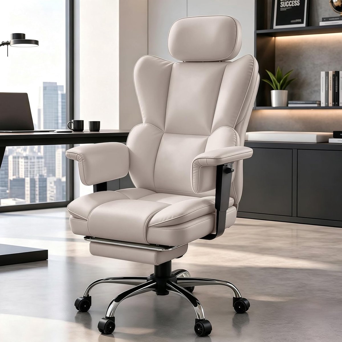 Rug In PU Leer Draaibaar Met Voetensteun,Ergonomisch Reclinable Ontwerp Met Lendensteun En Verstelbare Hoofd- En Armleuning Voor Thuiswerk En Gaming (Beige)