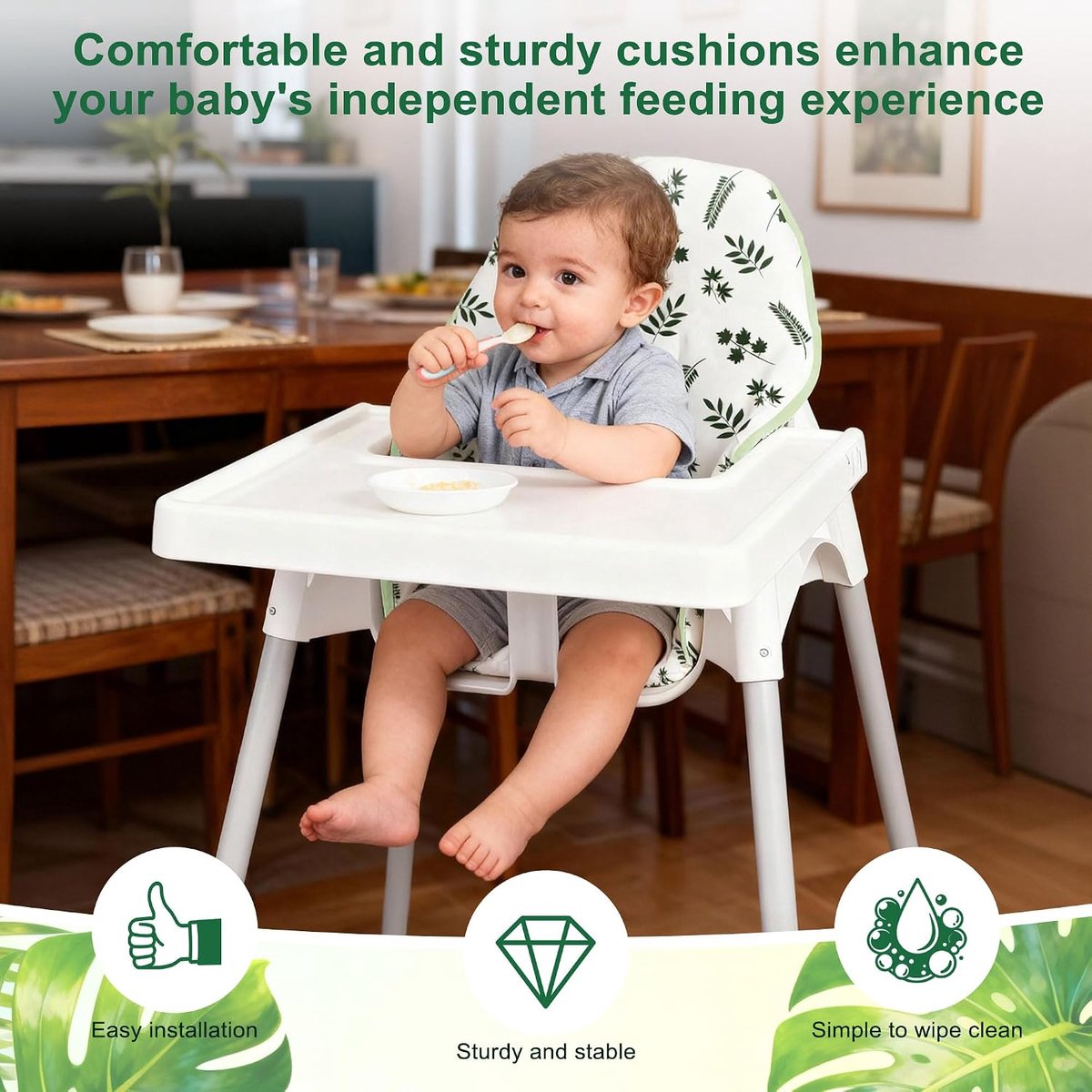 Kinderstoelkussen, Voor Antilop-Kussen, Met Stoeltas, Voor IKEA Antilop Kinderstoel, Katoen Antislip, Zacht, Babyzittend Comfortabeler (Groen Bladpatroon) – foto 6