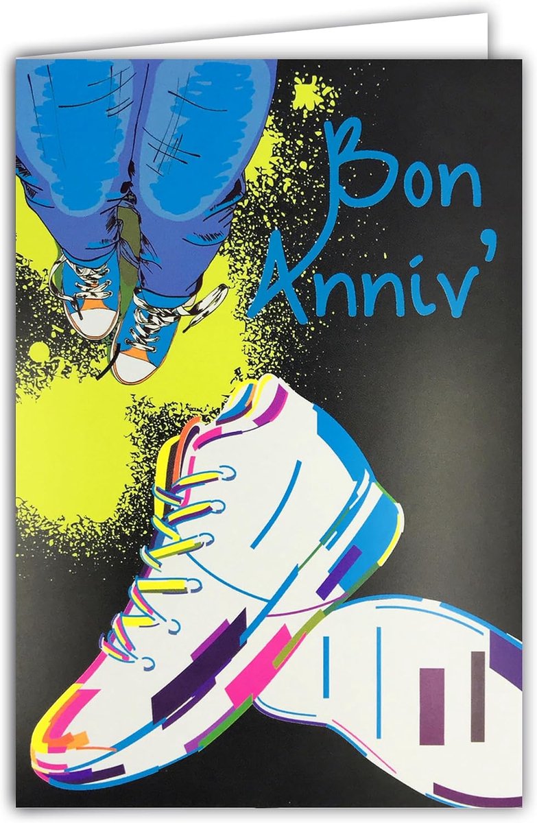 69-8131 Fluo-kaart Happy Birthday sneakers met envelop 12 x 17,5 cm – jeans schoenen streetwear heren dames – binnenkant wit om te schrijven – echte fluo-inkten – gemaakt en geproduceerd in Frankrijk