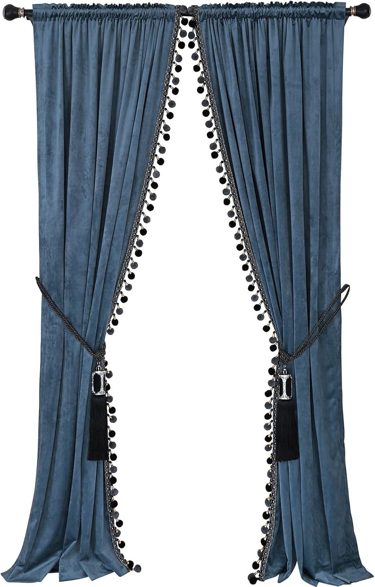 Pompoms Gordijn voor Woonkamer Verduisterend Fluwelen 2 Panelen Gordijnen Set Luxe Kwastje Slaapkamer Gordijnen (Grijs-Blauw, (50B × 84L) × 2)
