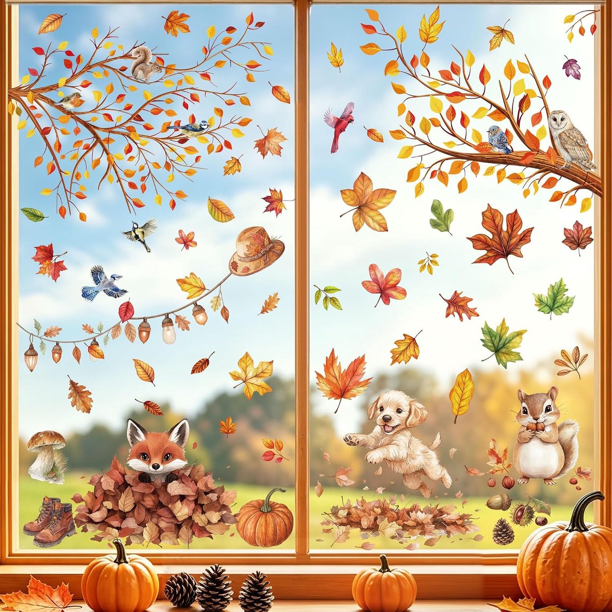 Raamstickers herfst bedankt esdoornbladeren dier decoratie