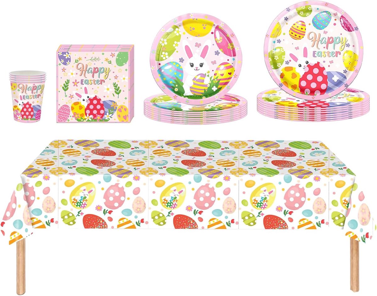 69-delig paashaasjes feestserviesset inclusief papieren borden, servetten en papieren bekers, plastic tafelkleed, roze konijnenei-serviesset voor paashaasjes feesttafeldecoraties