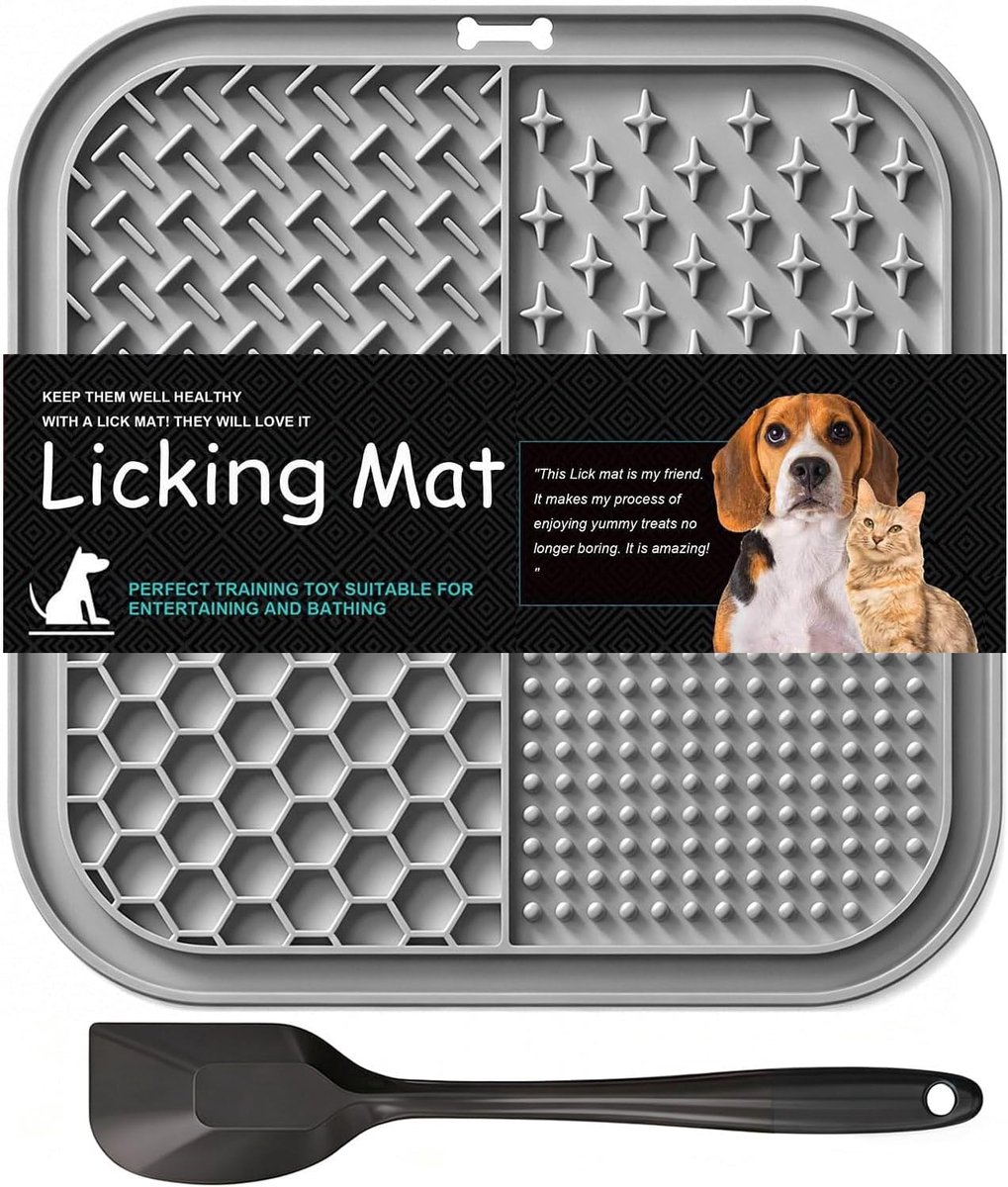 Lickmat voor Honden en Katten met Zuignappen, 1 Stuk Vierzijdige Langzame Voedingsmat tegen Angst, Mat voor Bad Training 20 * 20cm, Grijs