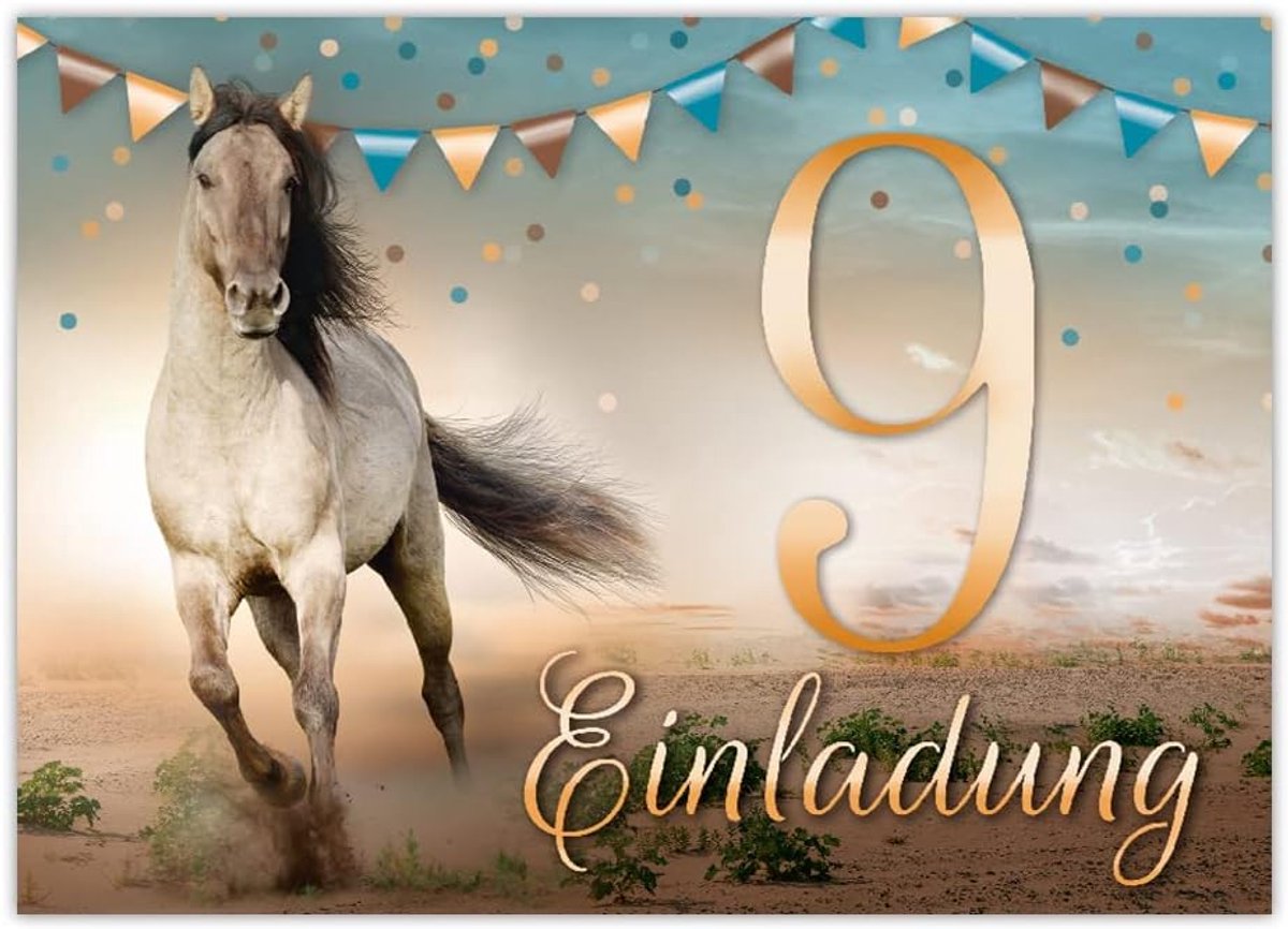 12 uitnodigingskaarten voor de 9e kinderverjaardag negende verjaardag meisje paard
