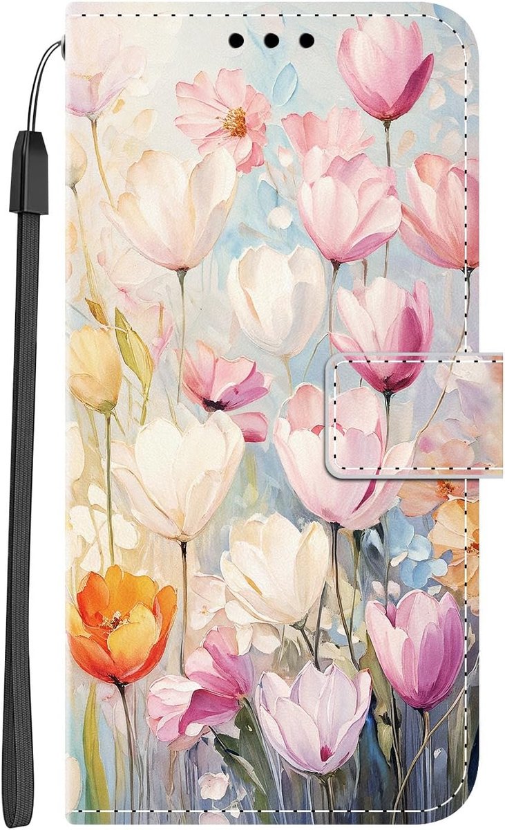 Hoesje voor Samsung Galaxy A16 4G / 5G, schokbestendig fliphoesje, kaartsleuven, foliohoesje, zacht PU-lederen siliconen beschermend telefoonhoesje met schattig patroon voor Galaxy A16, tulp