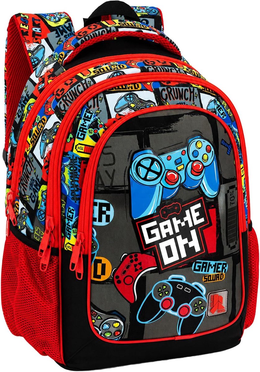 Ross Rugzak voor de basisschool voor kinderen, 43 x 33 x 20 cm, meerdere vakken, ergonomische rugleuning, gevoerde schouderbanden, drinkflesvakken, grote capaciteit en helder design, Gamer