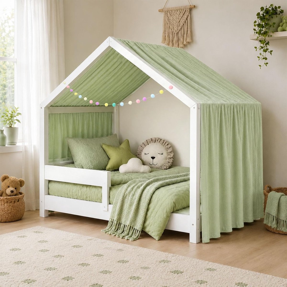Bed voor kinderhuis – 100% ademend katoen, bedhemel voor huisbed, voile voor hutbed kinderkamer, decoratieve baldakijn voor meisjes- en jongenskamer, inclusief 5 m decoratief lint