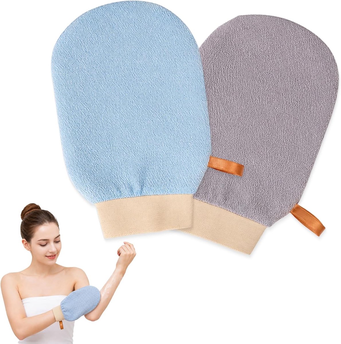 Set van 2 peelinghandschoenen voor lichaam – kessa manthandschoen voor lichaam en gezicht in mistig blauw en grijs – verwijdert dode cellen en hydrateert de huid – afmetingen 21 × 14 cm