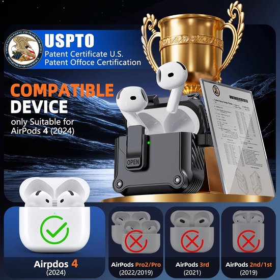 Compatibel met AirPods 4 hoes, automatische Snap Switch Secure Case voor Apple Air Pods 4 (2024/ANC), met reinigingsset en koolstofvezel design karabijnhaak, zwart — afbeelding 2
