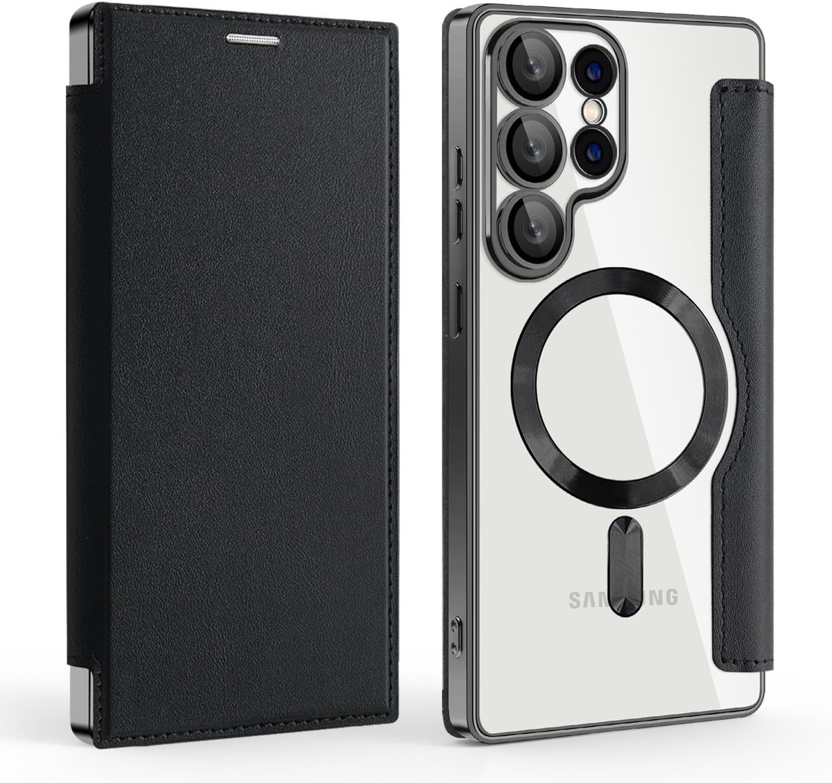 Hoes compatibel met Samsung Galaxy S25 Ultra, PU-leren flipcase met kaartsleuven, transparant, voor Samsung Galaxy S25 Ultra, zwart