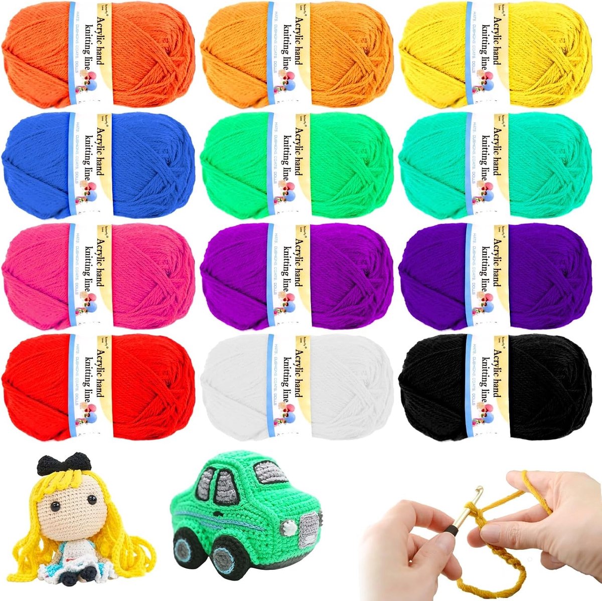 Set - 12 Kleuren Acrylwol voor Amigurumi, Haken en Knutselen - Zachte Meerkleurige Wol - 13g/25m