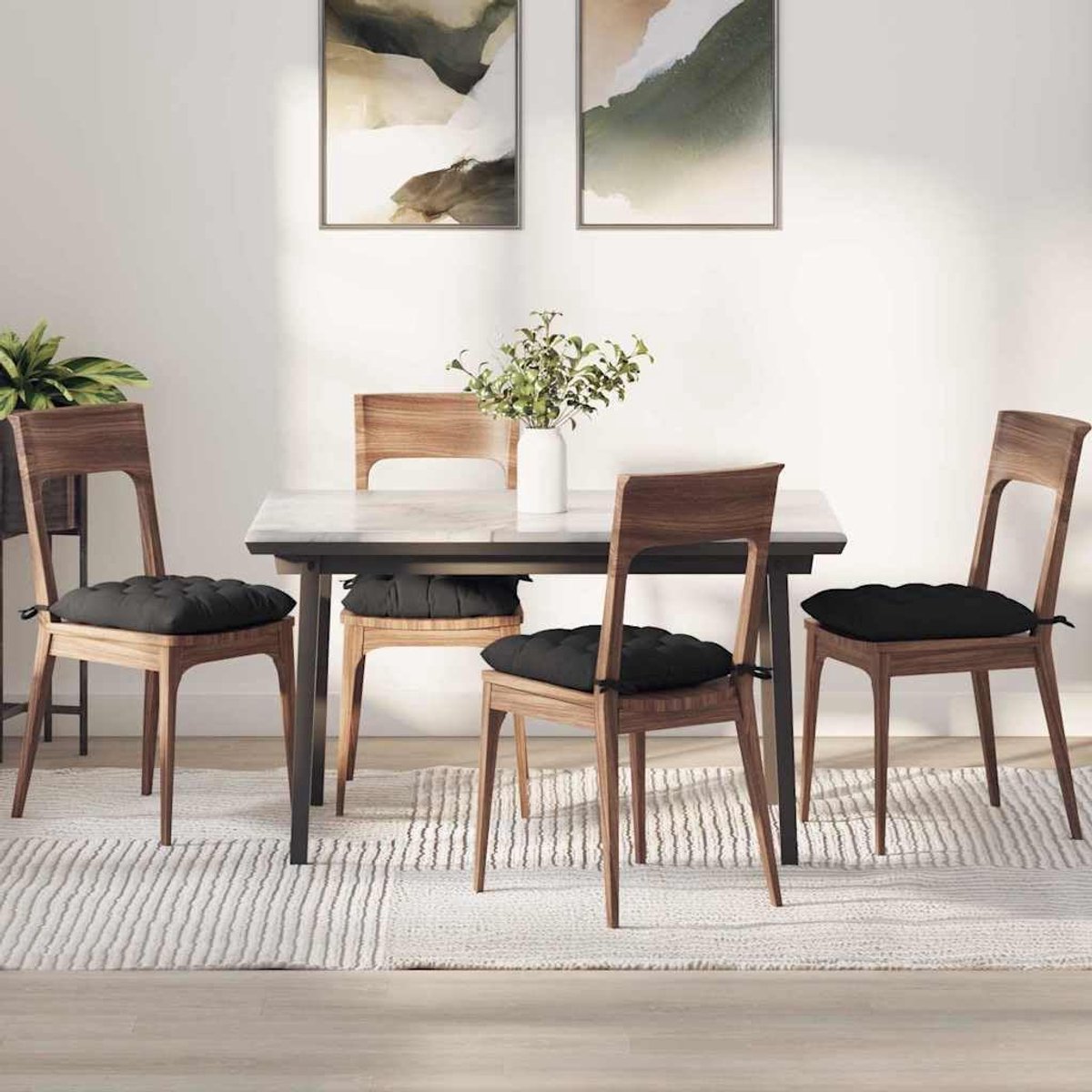 4 stuks zitkussens, sierkussens, zwart, 40 x 40 x 6 cm, microvezel kussen met bevestigingsriemen voor stoelen en banken