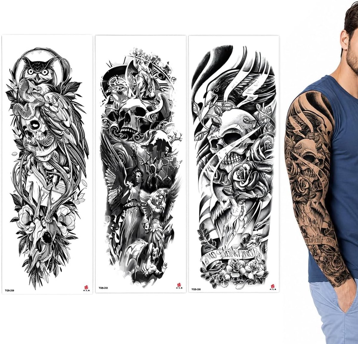 Tijdelijke tatoeages, 48 x 17 cm, volledige arm, tattoo-stickers, doodshoofd, roos, vintage, motief, wegwerp, waterdicht, meerkleurig, voor jongeren, feesten, cosplay