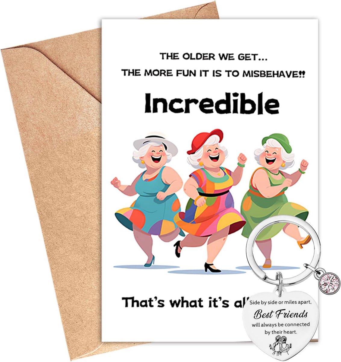 Verjaardagskaart voor Vriendin met Hart Sleutelhanger, Grappige Wenskaart en Sleutelhanger Set, Cadeau voor Bestie, Zus, Vrienden of Collega's (Set E)