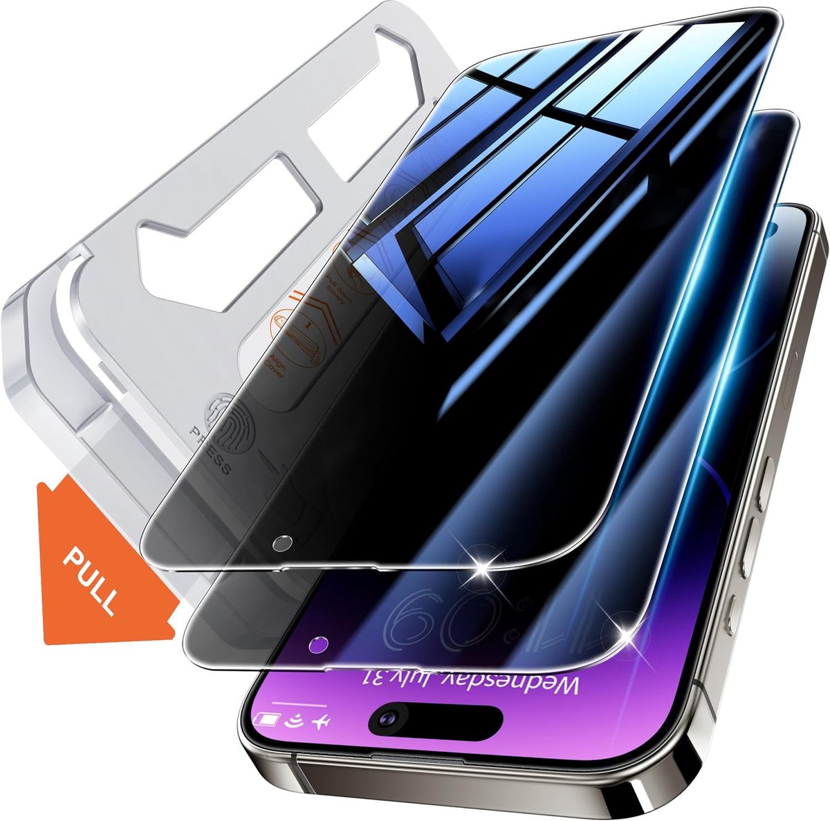 Privacyscherm voor iPhone 14 Pro 6,1 inch, compatibel met Face ID, 25° anti-spionage premium 9H veiligheidsglas, ultra-privacy, auto-stof-verwijdering, HD helder, 2 stuks