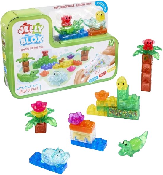 Jelly Blox Jelly Jungle set met 25 zachte, doorschijnende bouwblokken in diverse kleuren en vormen van dieren.