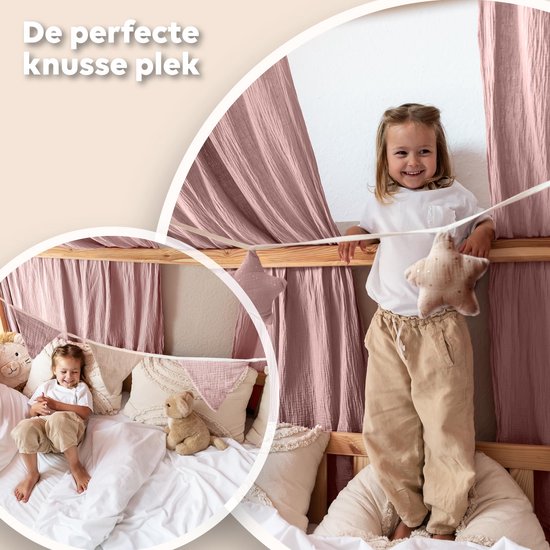 LILIMAUS Huisbed hemeltje met gouden details - bedhemel voor huisbed - 135 x 320 cm - mousseline katoen - poederroze — afbeelding 3