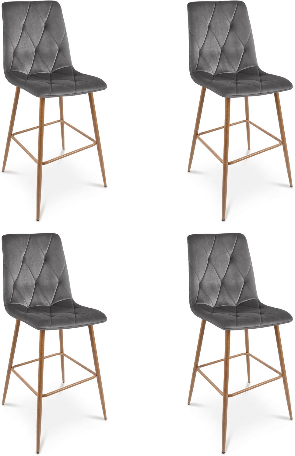 LEOBERT LIBRA Barkrukken – Set van 4 – Donkergrijs Velvet – Eikenkleurige Metalen Poten – Met Rugleuning – Met Voetsteun – Modern Design – Voor Keukeneiland, Bar en Keuken