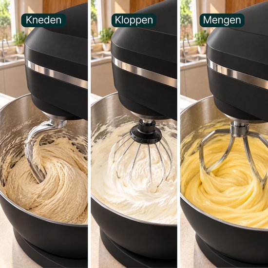 Close-up van een zwarte Vivid Green mixer tijdens het kneden, kloppen en mengen van beslag.