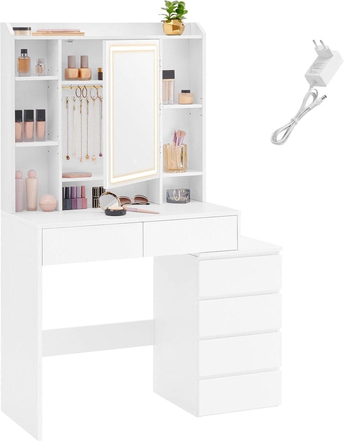 Klarven Kaptafel Wolkenwit - Kaptafel met Spiegel en Verlichting - Kaptafel met Spiegel - Led Verlichting met Instelbare Kleur, 6 Lades en 7 Open Vakken