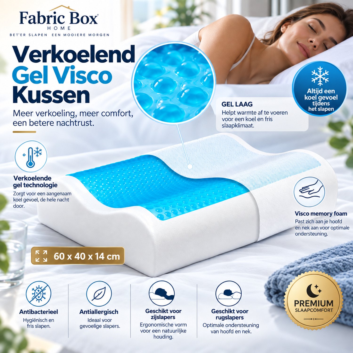 Fabric Box Verkoelend Gel Hoofdkussen – Ergonomisch Visco Traagschuim – Nekondersteuning – 60x40x14 cm – Afneembare Hoes – Wit/Blauw