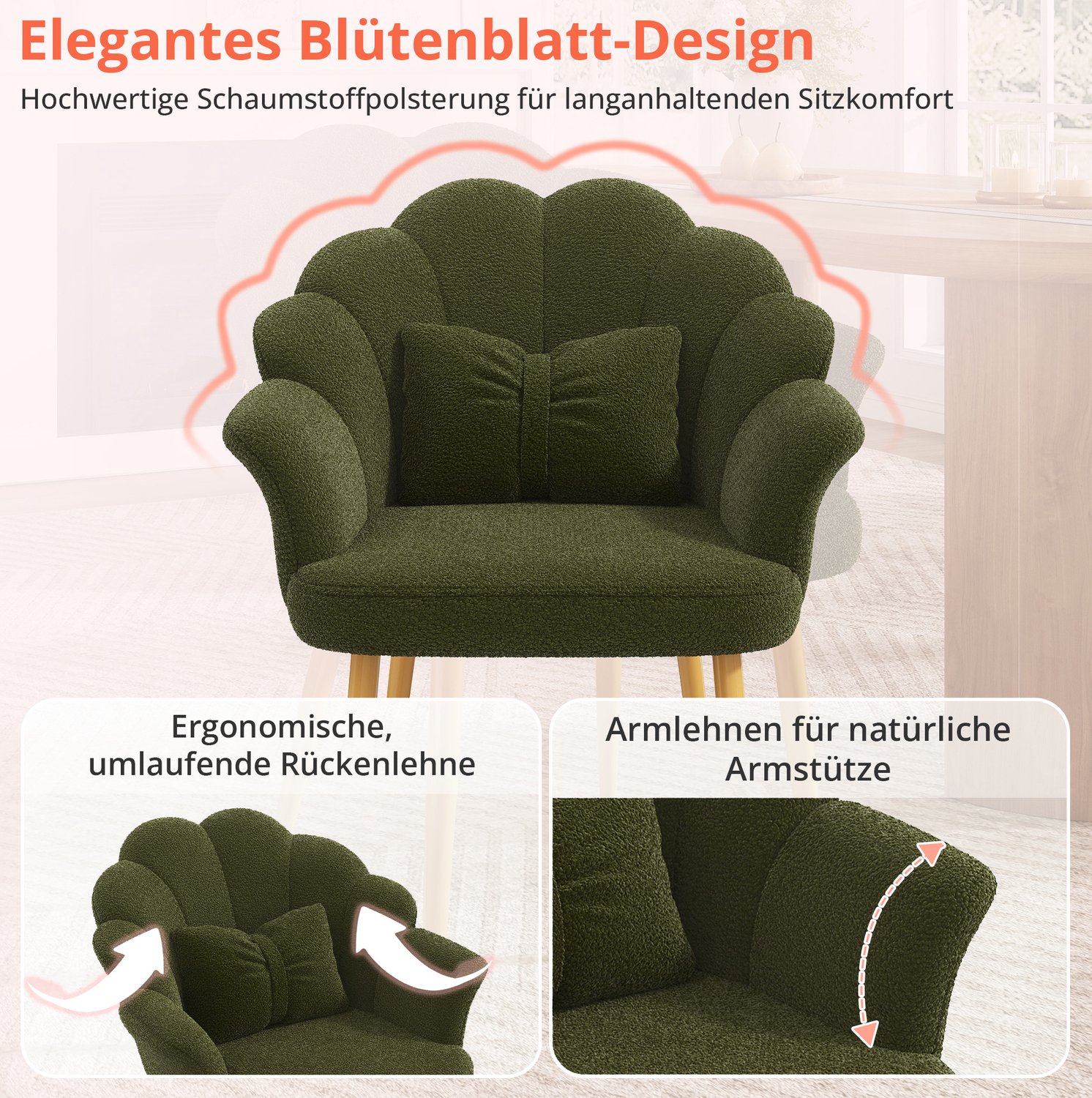 FloraGrace Eetkamerstoel Set Van 2 64 x 65,5 x 85 cm – Bloemvormige Rugleuning Met Armleuningen – Eetkamer – Teddy Stof – Groen