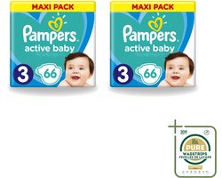 2 x Pampers – Luiers – Active Baby Dry Maat 3 – 66 Luiers - Wasstrips - Baby Luier - Droge Luier - Vochtabsorptie - Superabsorberende Kern - Luier Voor Baby