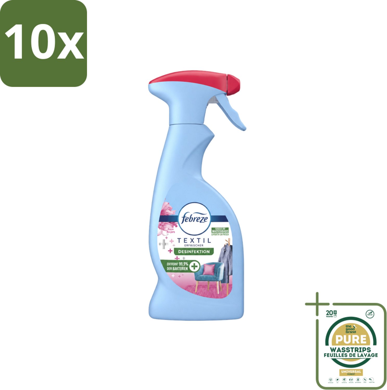 10 x Febreze – Textielspray – Roze Anjers – 375 ml - Wasstrips - Textielgeur - Textielverzorging - Geurverwijdering - Textielspray - Roze Anjers