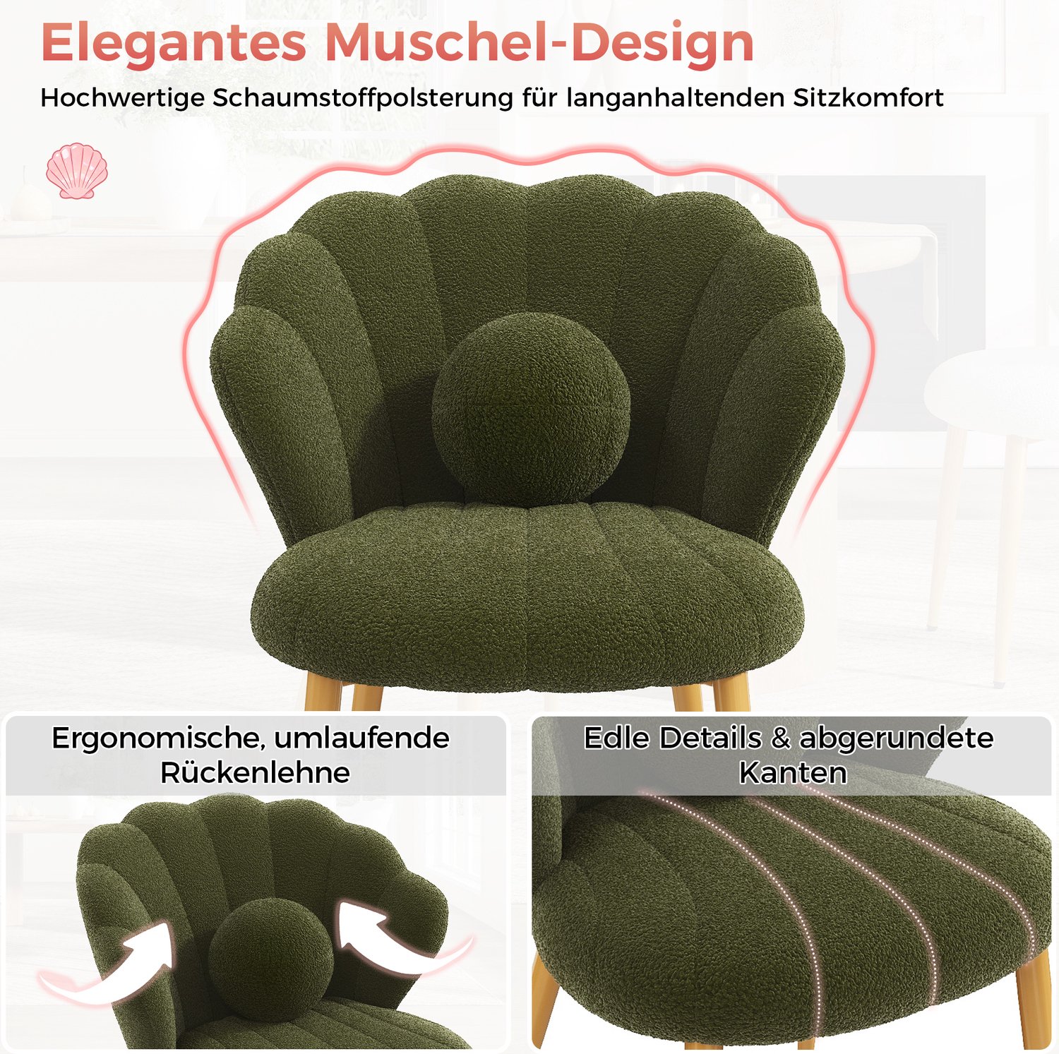 FloraGrace Eetkamerstoel 60 x 62,5 x 83 cm - Set Van 4 Met Schelpvormige Rugleuning En Kussens - Voor Eetkamer Of Kaptafel - Teddystof - Groen