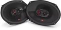 Twee zwarte JBL Stage3 6x9 inch ovale autospeakers met rode accenten op de tweeters.