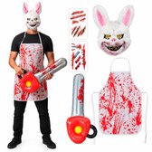YYchan Halloween Kostuum Volwassenen – Horror Konijn Outfit - Verkleedkleding - 5-delige Pak met Konijnenmasker, Bloederig Schort, Tatoeagesticker en Opblaasbare Kettingzaag – One Size Unisex