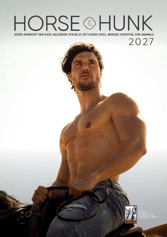 Horse and Hunk kalender 2027 cover met een gespierde man te paard tegen een lichte achtergrond.