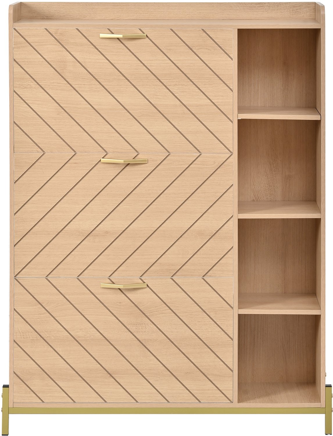 SONNENH Schoenenkast met 3 kleppen, 4 open zijvakken en metalen onderstel - Eikenlook - 90 x 24 x 119 cm