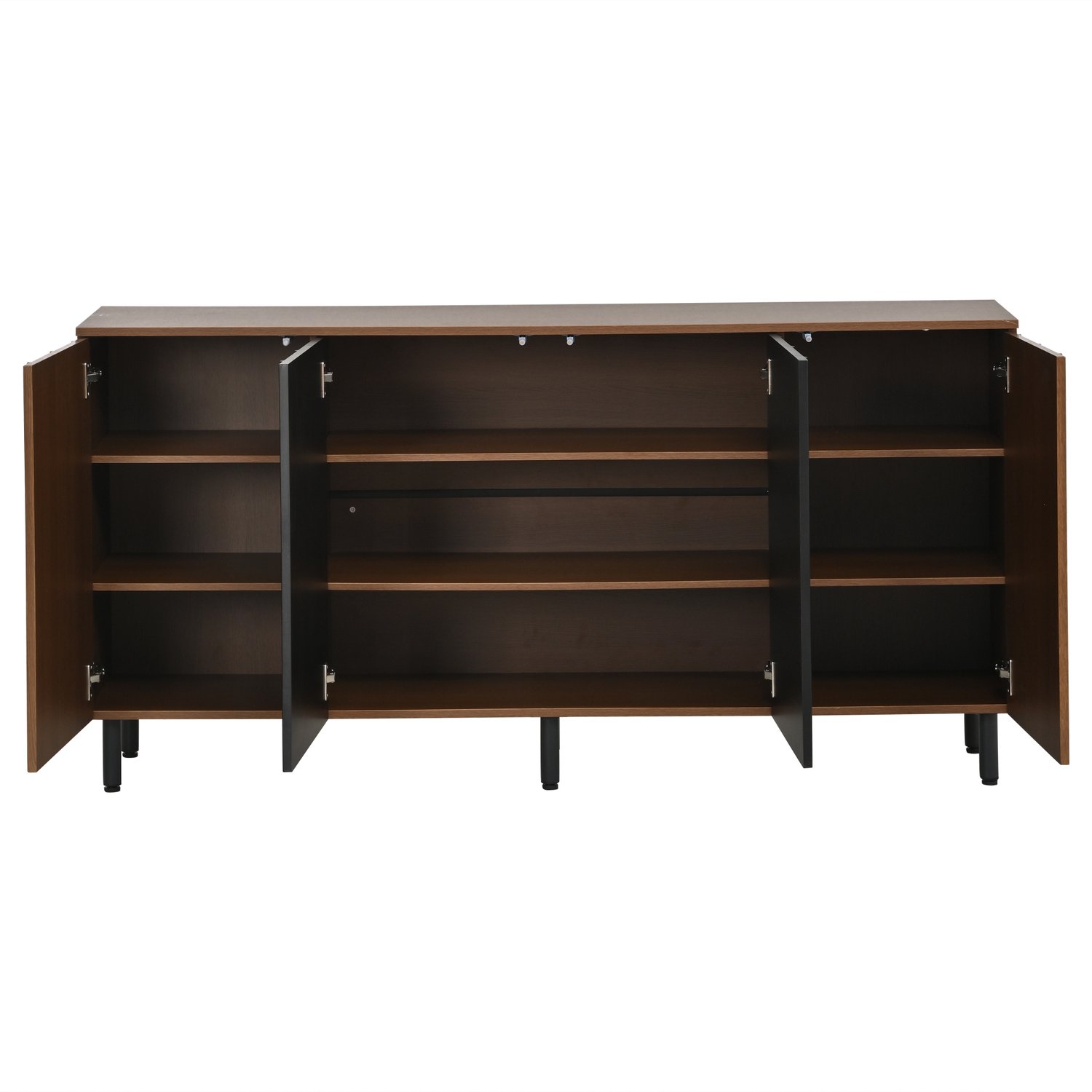 SONNENH Dressoir met 4 geribbelde deuren en verstelbare planken - Walnootlook/zwart - 160 x 35 x 80 cm