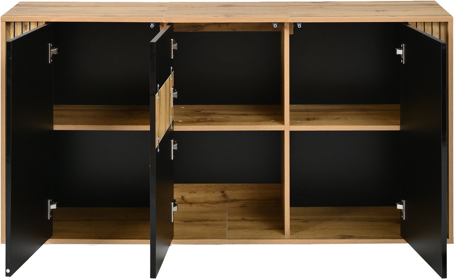 SONNENH Dressoir met 3 push-to-open deuren, binnenplanken en hoogglans fronten - Zwart en houtlook - 140 x 35 x 71 cm