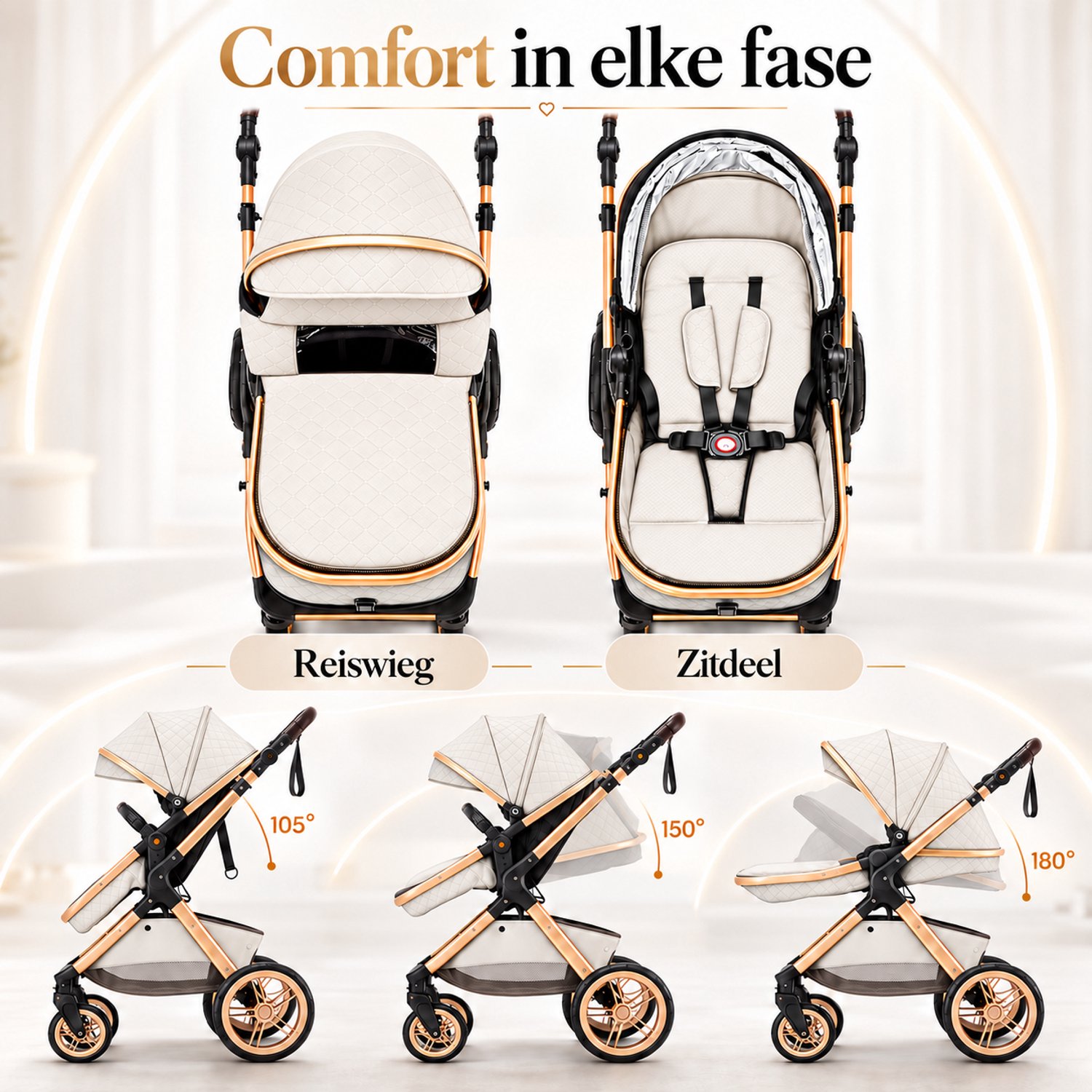 Lunola Elin Kinderwagen 3 in 1 - Buggy met Autostoel - Wandelwagen - Premium Uitvoering - Inclusief Accessoires - Wit thumbnail 4