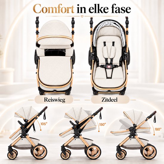 Lunola Elin Kinderwagen 3 in 1 - Buggy met Autostoel - Wandelwagen - Premium Uitvoering - Inclusief Accessoires - Wit — afbeelding 4