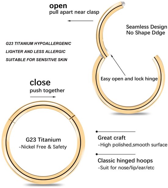 Neusringen 20G 18G 16G - Titanium - Zwart/Zilver/Goud/Roségoud - Perfecte lichaamspiercing - Vemera — afbeelding 2