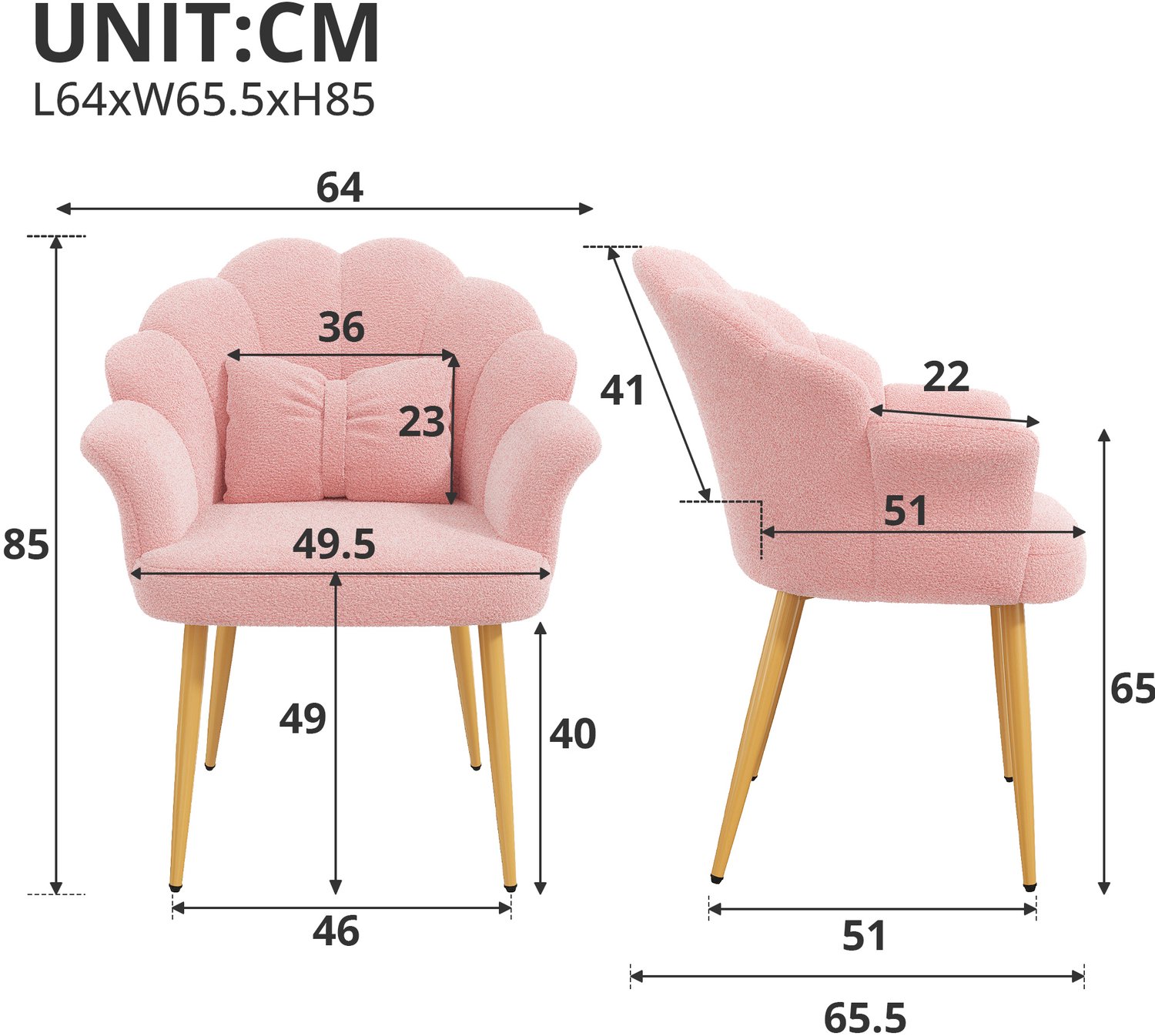 DESMIU Eetkamerstoel 64 x 65,5 x 85 cm - Kuipstoel Set Van 6 Met Armleuningen - Voor Eetkamer En Slaapkamer - Teddy Stof Roze